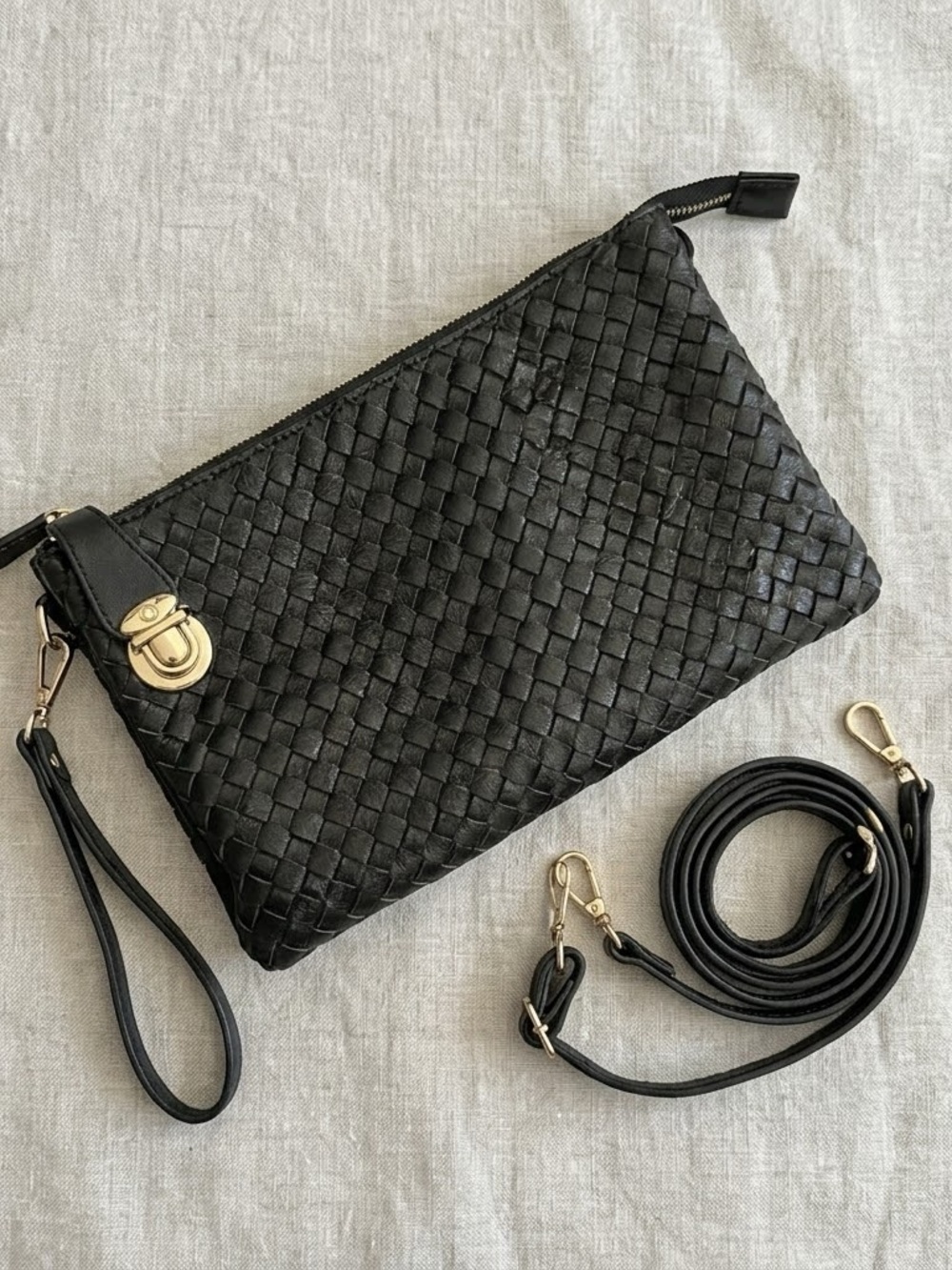 India Boutique Black Woven Leather Wristlet with Detachable Strap